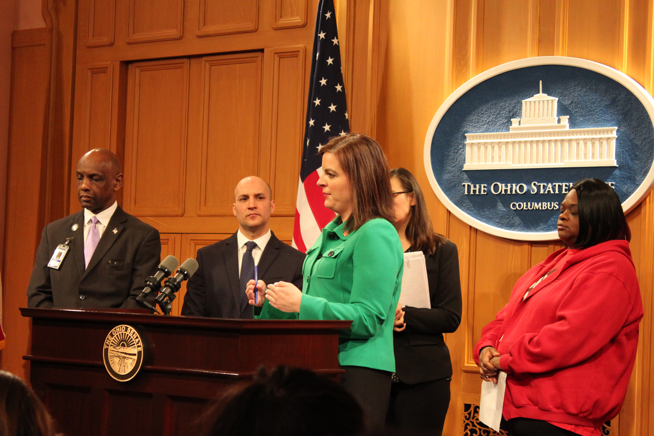 Rep. Kelly with Senators Schiavoni and Thomas speaking at a news conference on raising Ohio's minimum wage