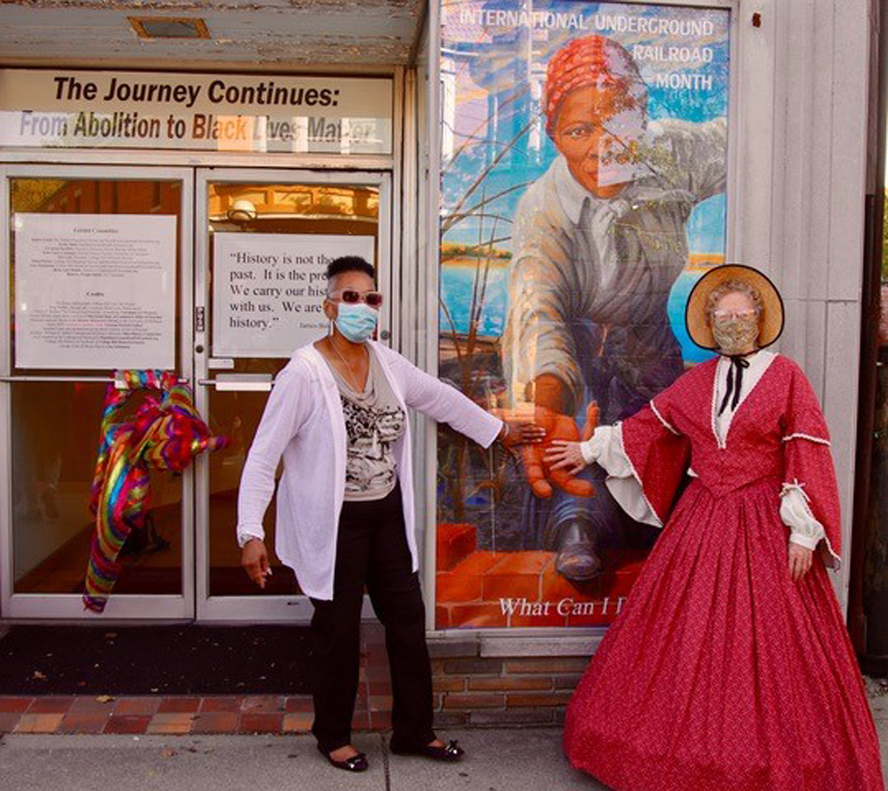 State Representative Catherine Ingram and College Hill Historical Society board member Diana Porter at the opening of the exhibit to celebrate International Underground Railroad month-- The journey Continues: from abolition to Black Lives Matter. The storefront "pop-up" museum is 5920 Hamilton Avenue and is visible from the sidewalk and is open until October 18th.
