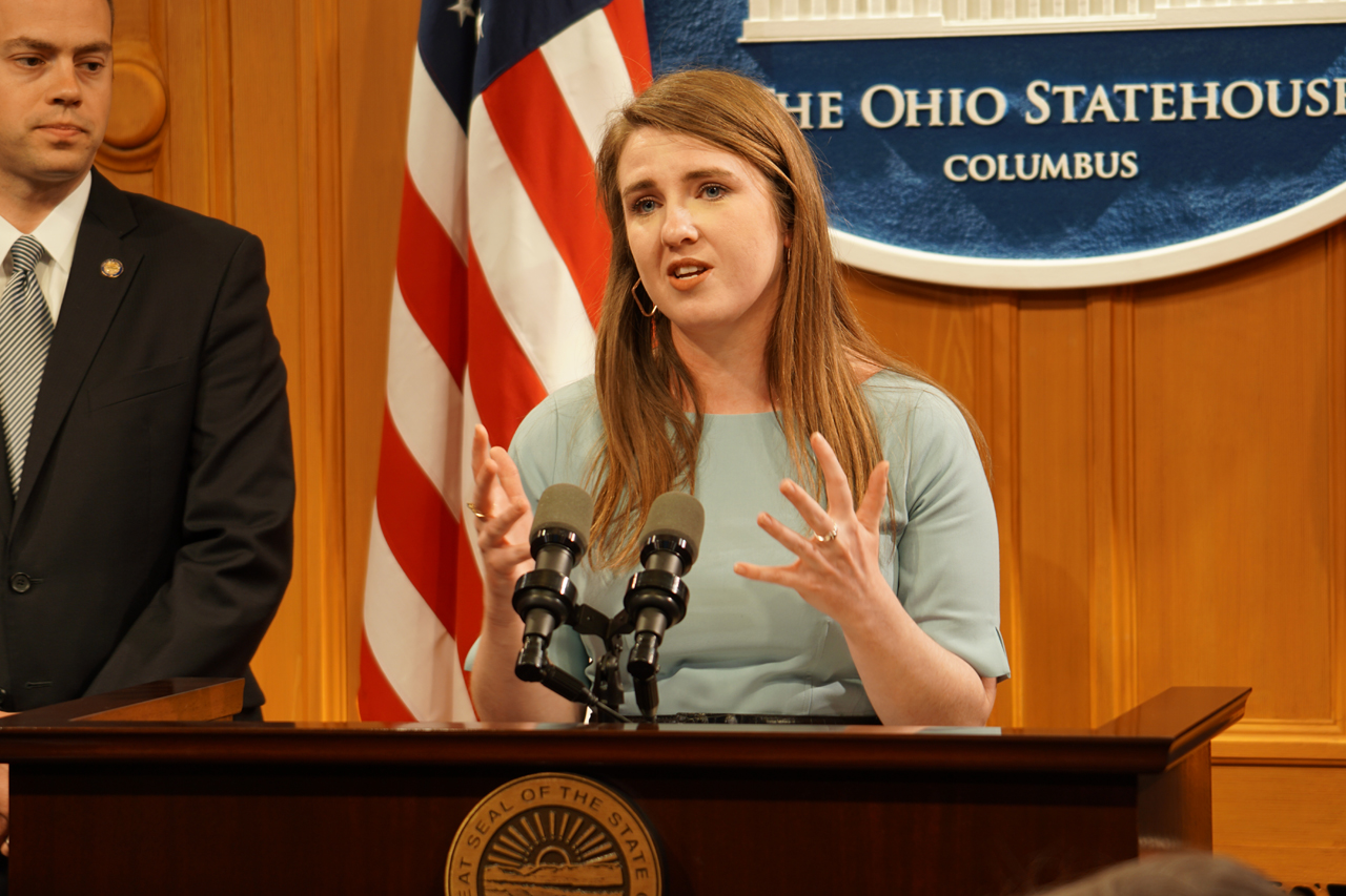 Rep. Sweeney speaks at a press conference about modernizing Ohio's outdated voting system by implementing automated voter registration