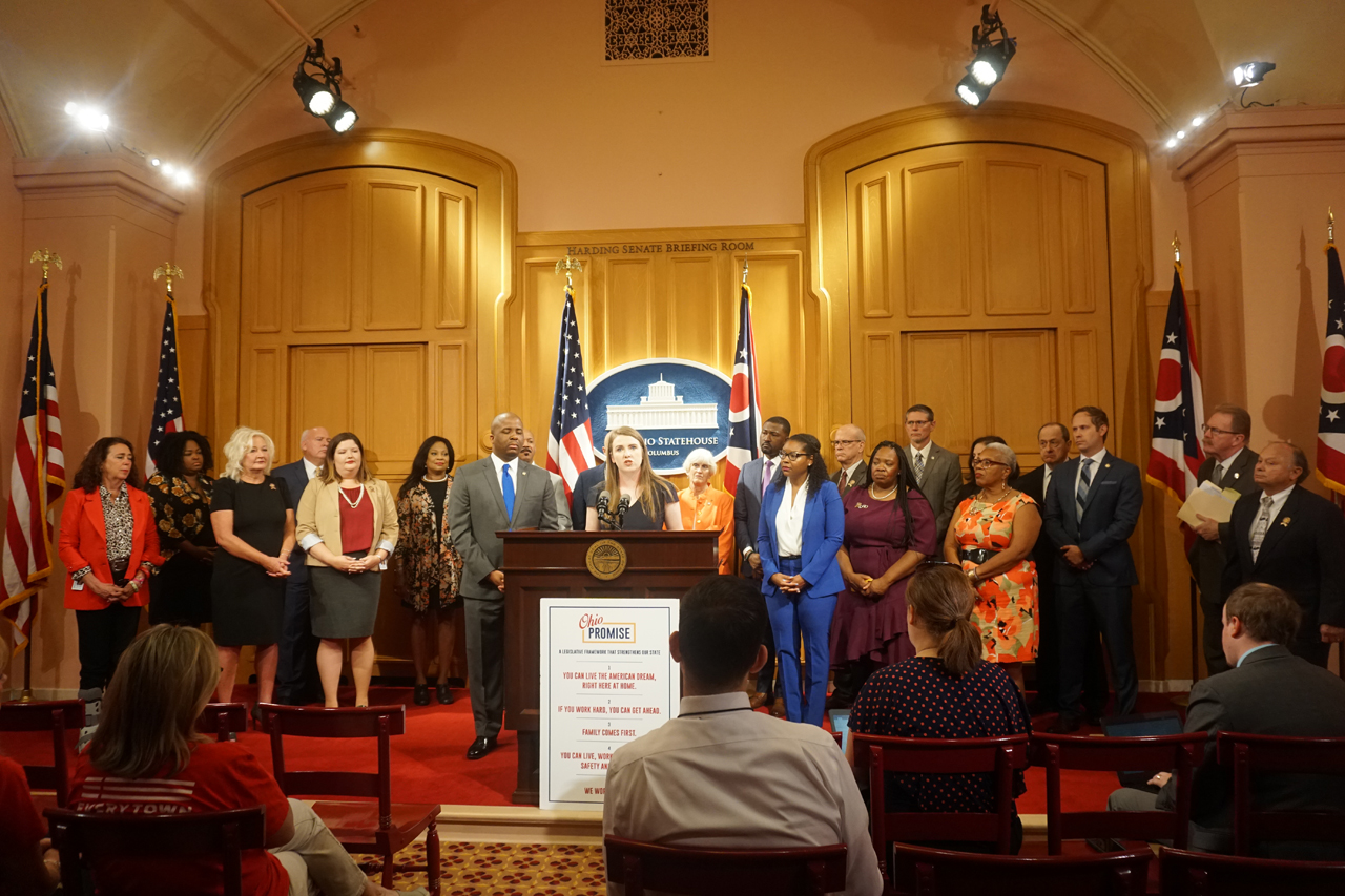 Rep. Sweeney speaks during a press conference outlining Democratic bills to prioritize the safety and security of Ohio families