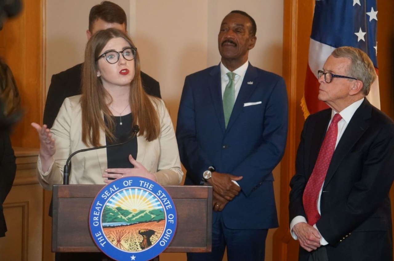 Rep. Sweeney speaks alongside Gov. DeWine at the bill signing for HB23, the Ohio Transportation Budget for Fiscal Years 2025 and 2026.