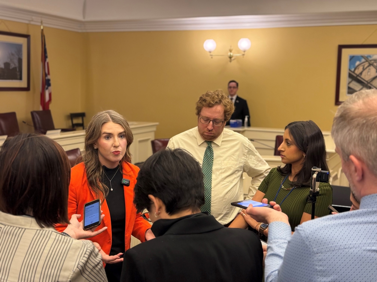 Rep. Sweeney speaks to the press about the state's operating budget as Ranking Member of the House Finance Committee