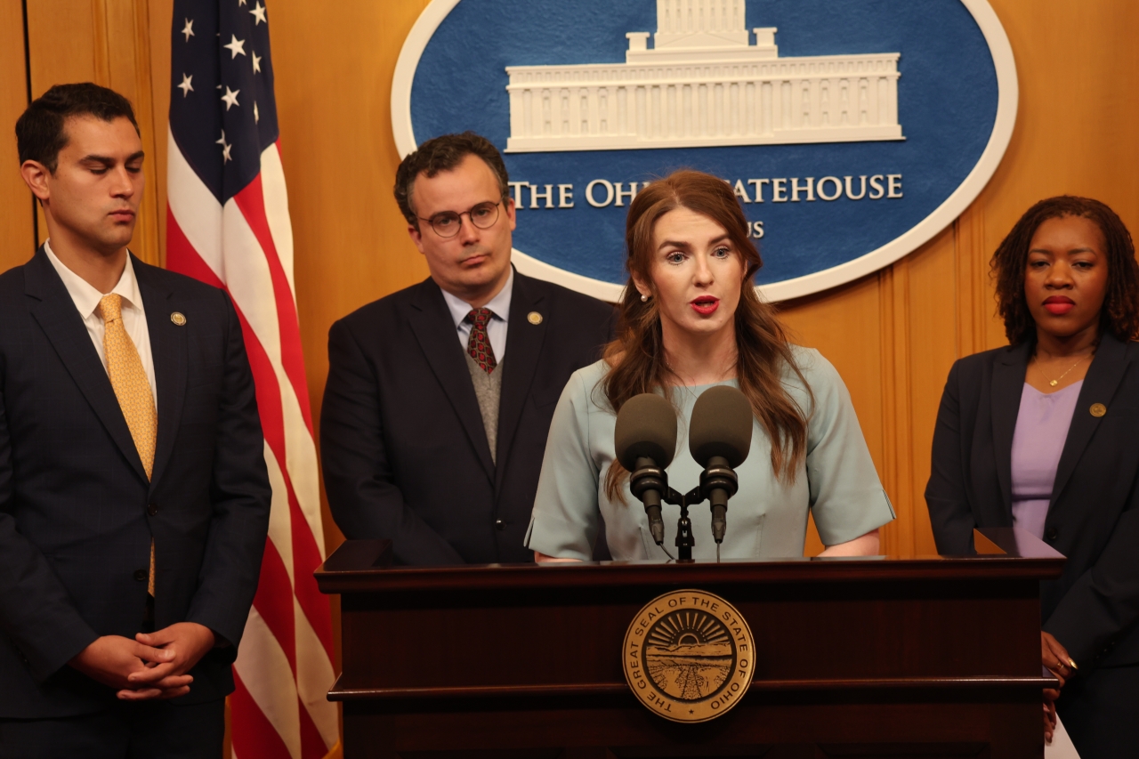 Rep. Sweeney speaks at a press conference calling on legislative leaders to pass meaningful campaign finance reform legislation, including her Anti-Corruption Act
