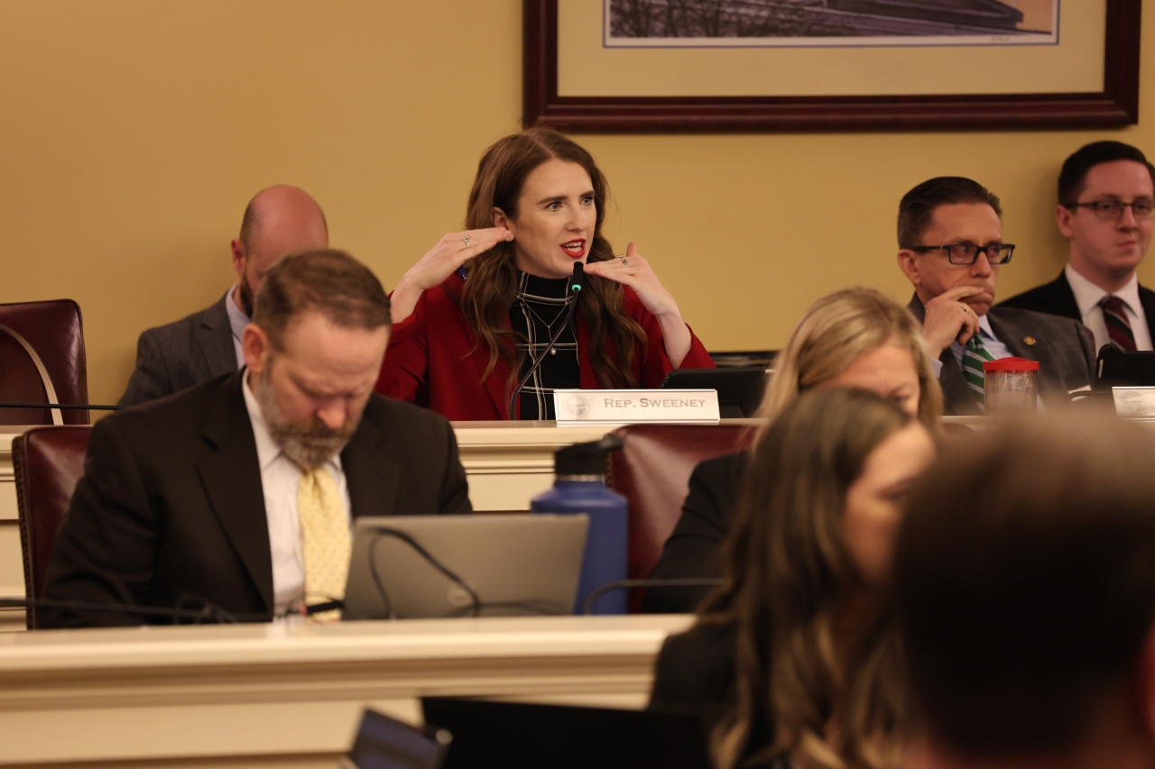 Rep. Sweeney asks questions during budget testimony before the Conference Committee