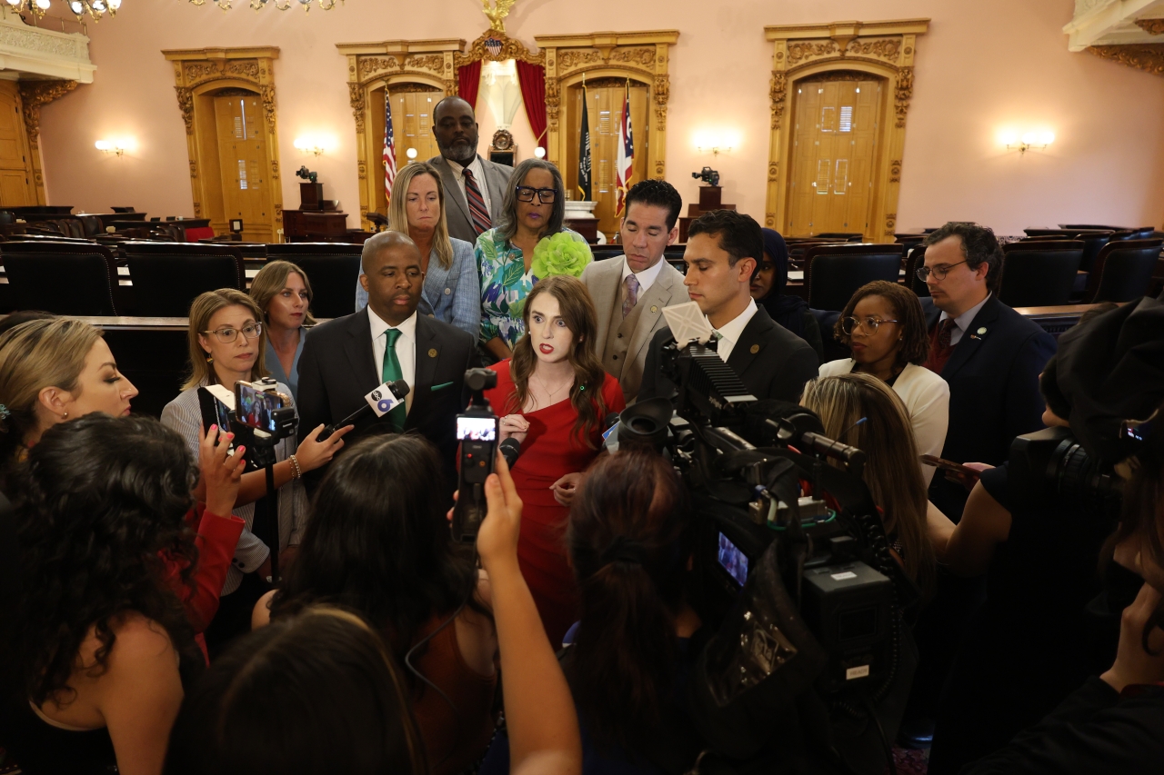 Rep. Sweeney speaks to the press about the state's operating budget as Ranking Member of the House Finance Committee