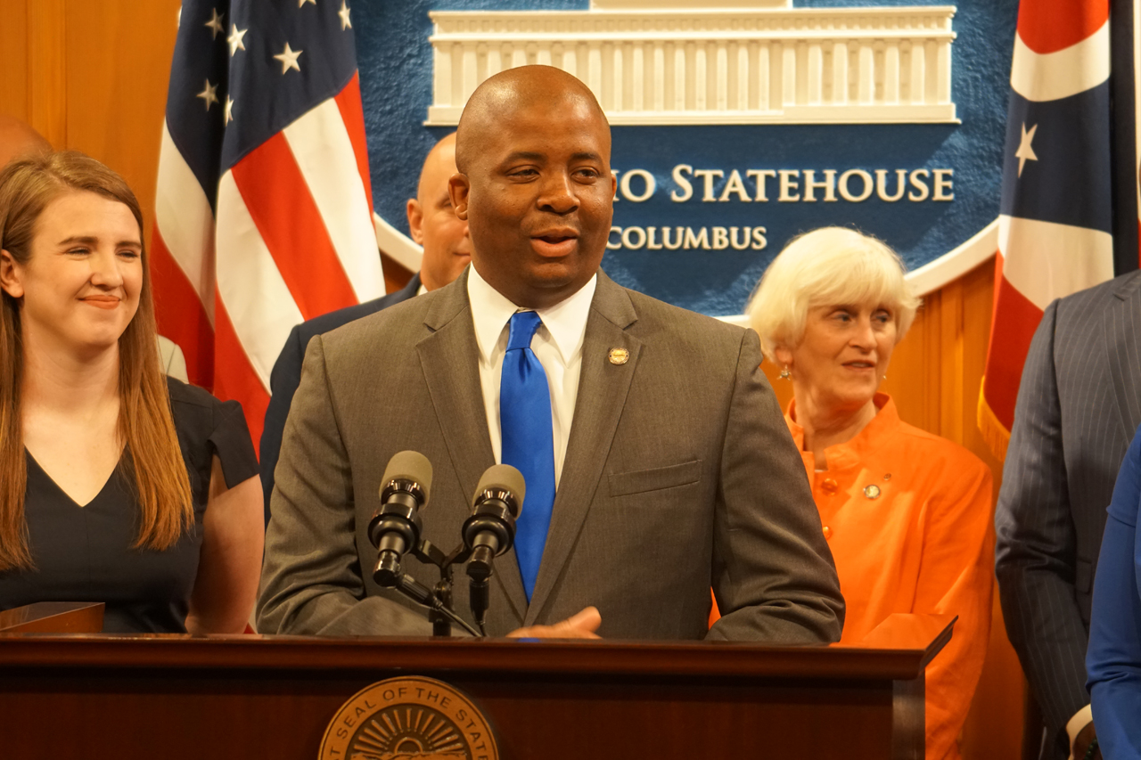 Rep. Phillip Robinson speaks during a press conference outlining Democratic bills to prioritize the safety and security of Ohio families