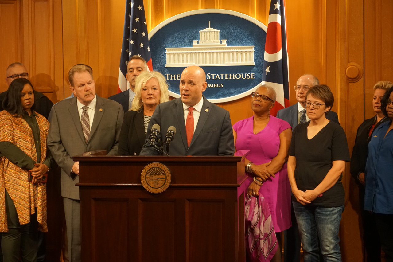 Rep. Crossman speaks at a press conference introducing legislation to expand unemployment and food assistance benefits to striking workers