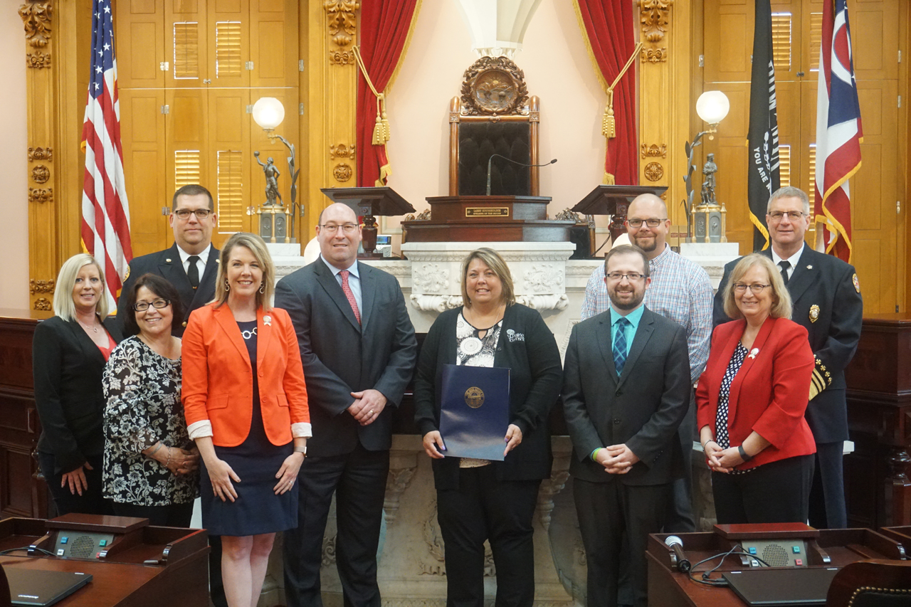 Rep. Russo speaks at a House Resolution event with Rep. Lanese (R-Grove City)