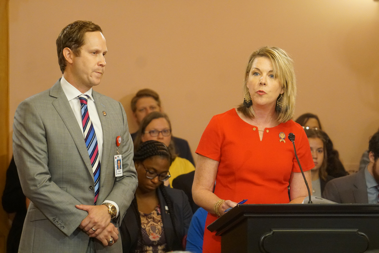 Rep. Russo testifies in front of the House Health Committee in favor of Madeline's Law, her bill to require insurance coverage of children's hearing aids, alongside joint sponsor Rep. Casey Weinstein (D-Hudson)