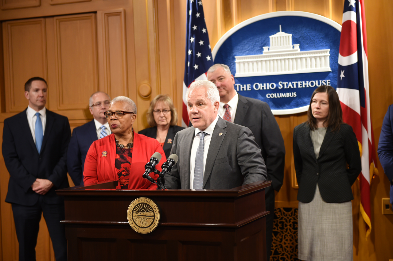 Rep. Plummer speaking at a press conference on HB 1, a bill on sealing and intervention in lieu of conviction