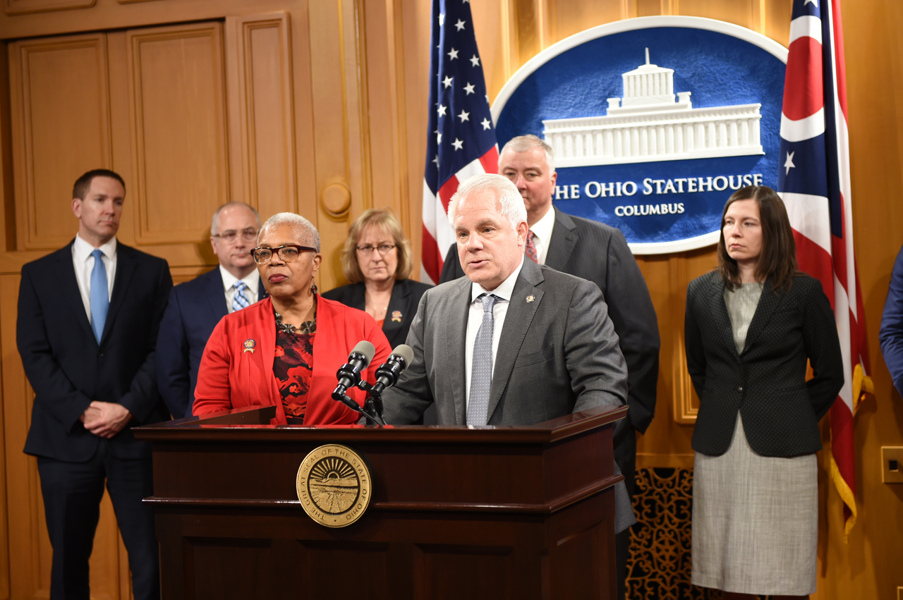 Rep. Plummer speaking at a press conference on HB 1, a bill on sealing and intervention in lieu of conviction