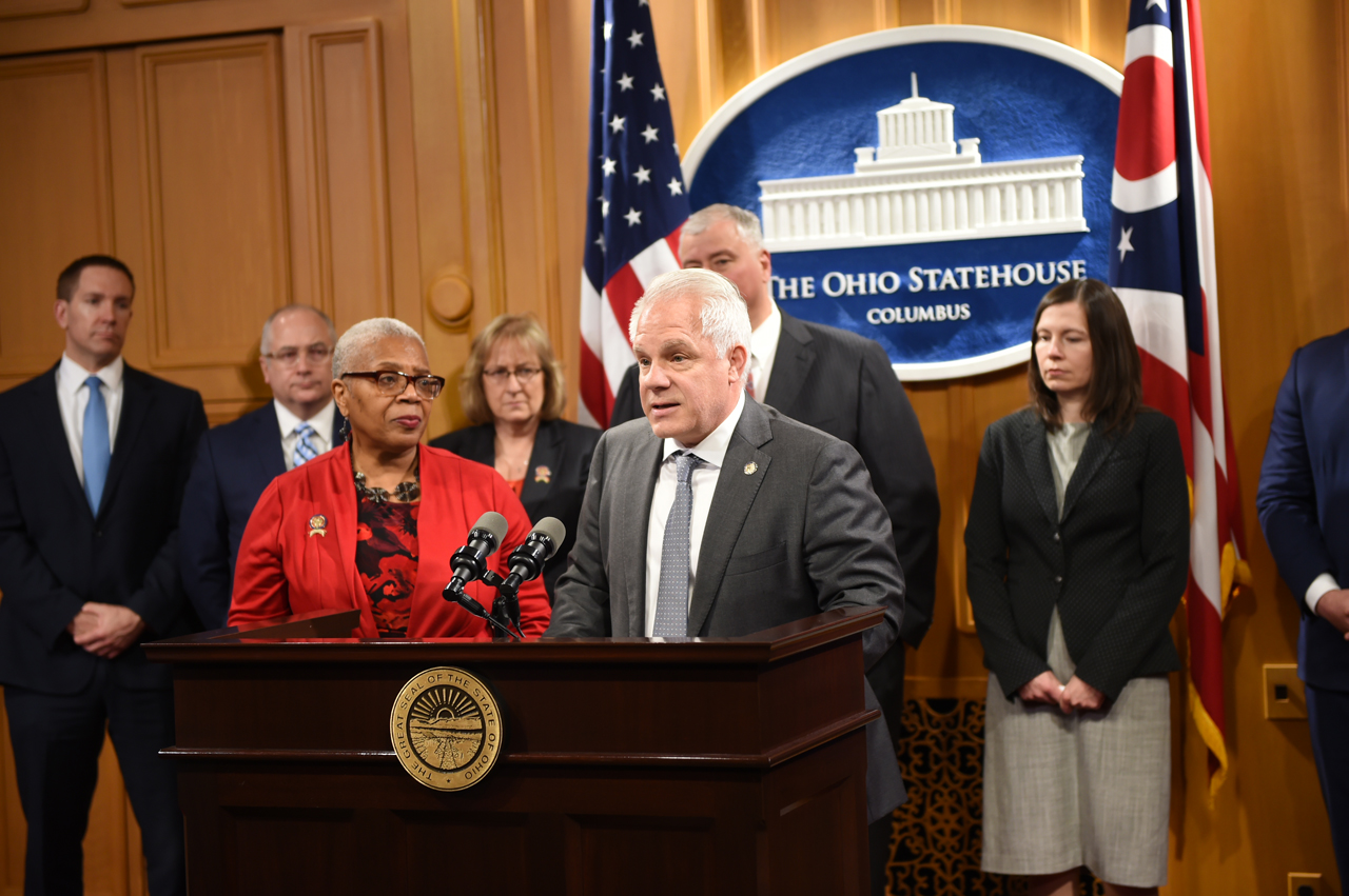 Rep. Plummer speaking at a press conference on HB 1, a bill on sealing and intervention in lieu of conviction