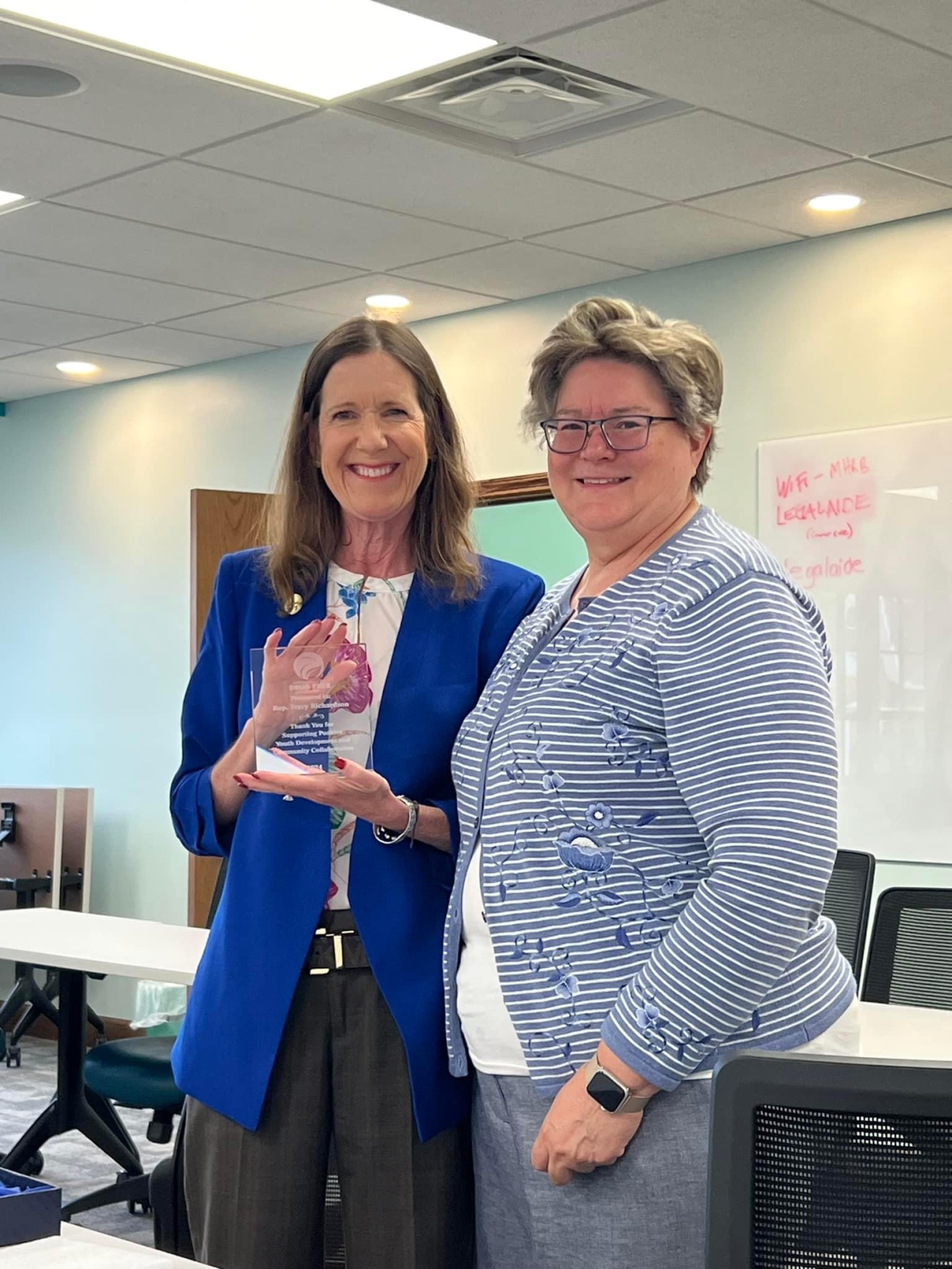 Representative Richardson receiving the Union County Drug Free Coalition's Community Champion Award.
