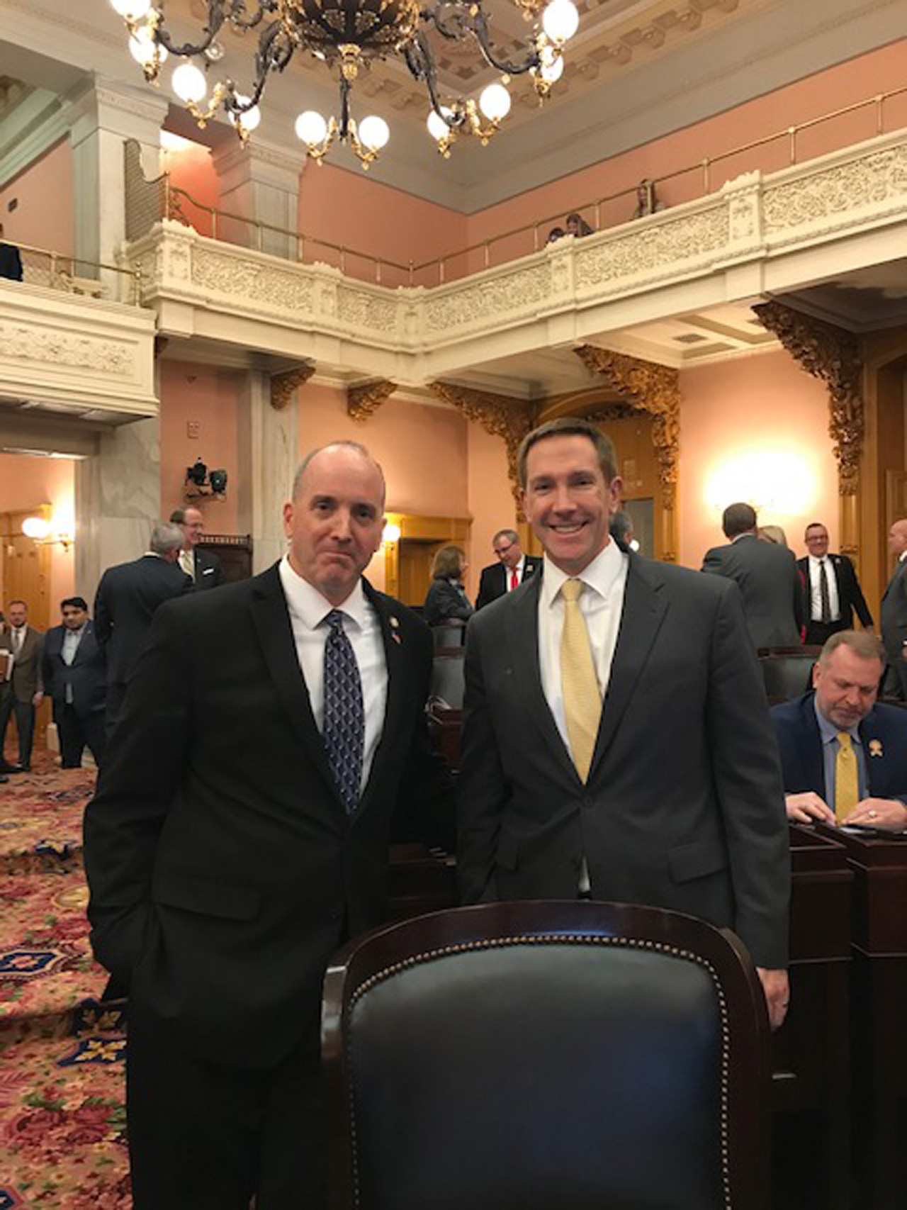 Rep. Holmes with Speaker Pro Tempore Jim Butler before House session.