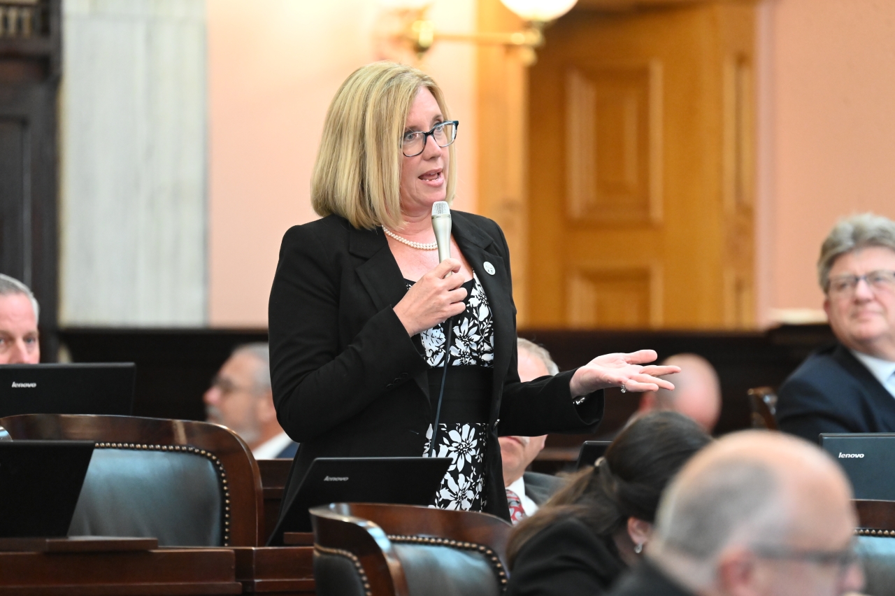 Rep. Abrams speaks on the House floor during session.