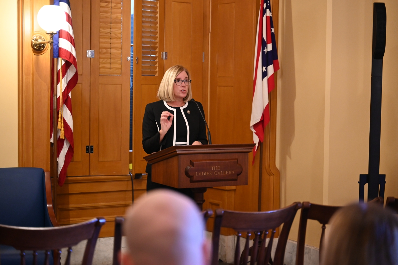 Rep. Abrams holds a press conference on her legislation to permanently fund police training in Ohio.