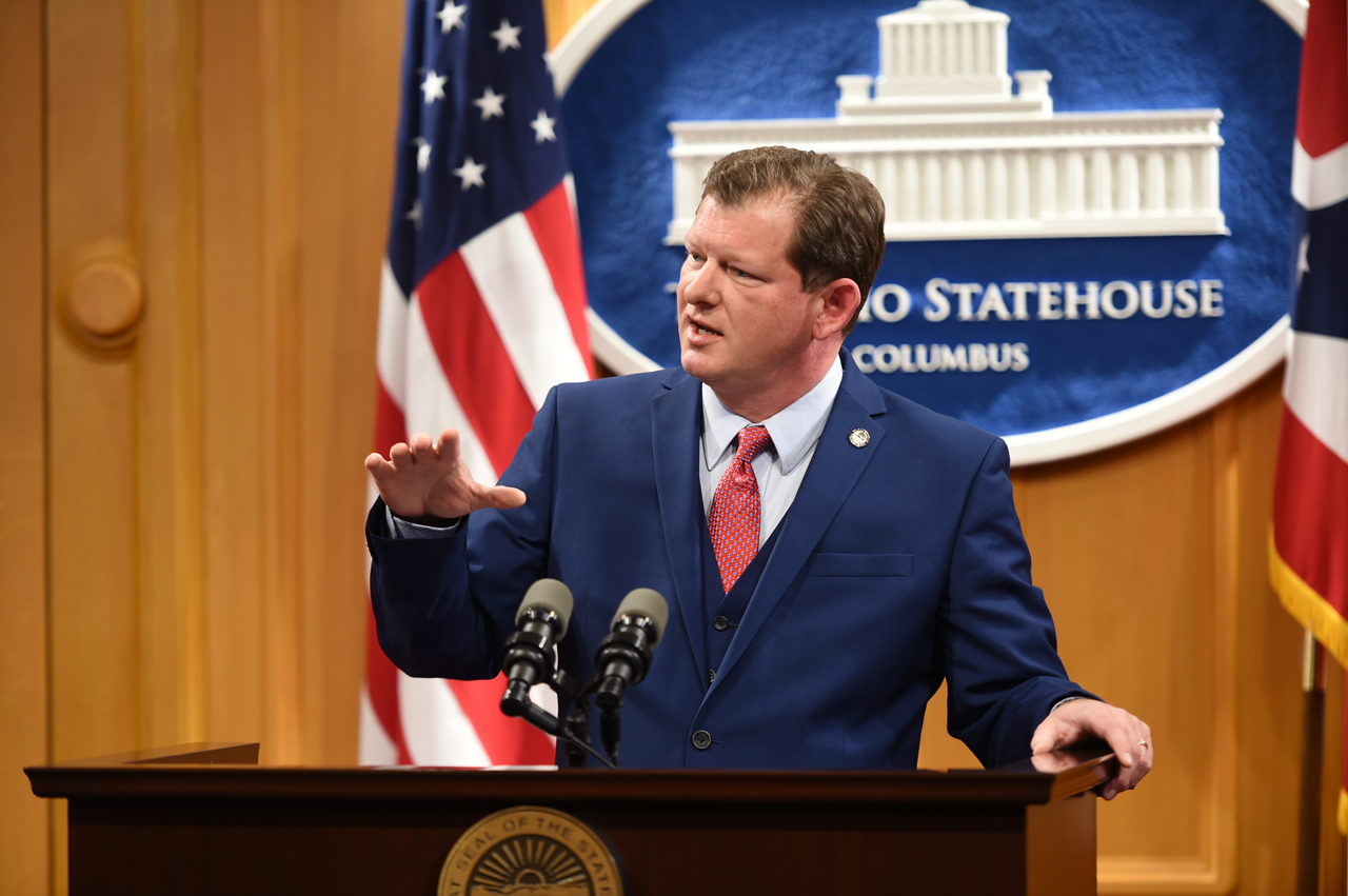 Rep. Stephens answers questions during a press conference.