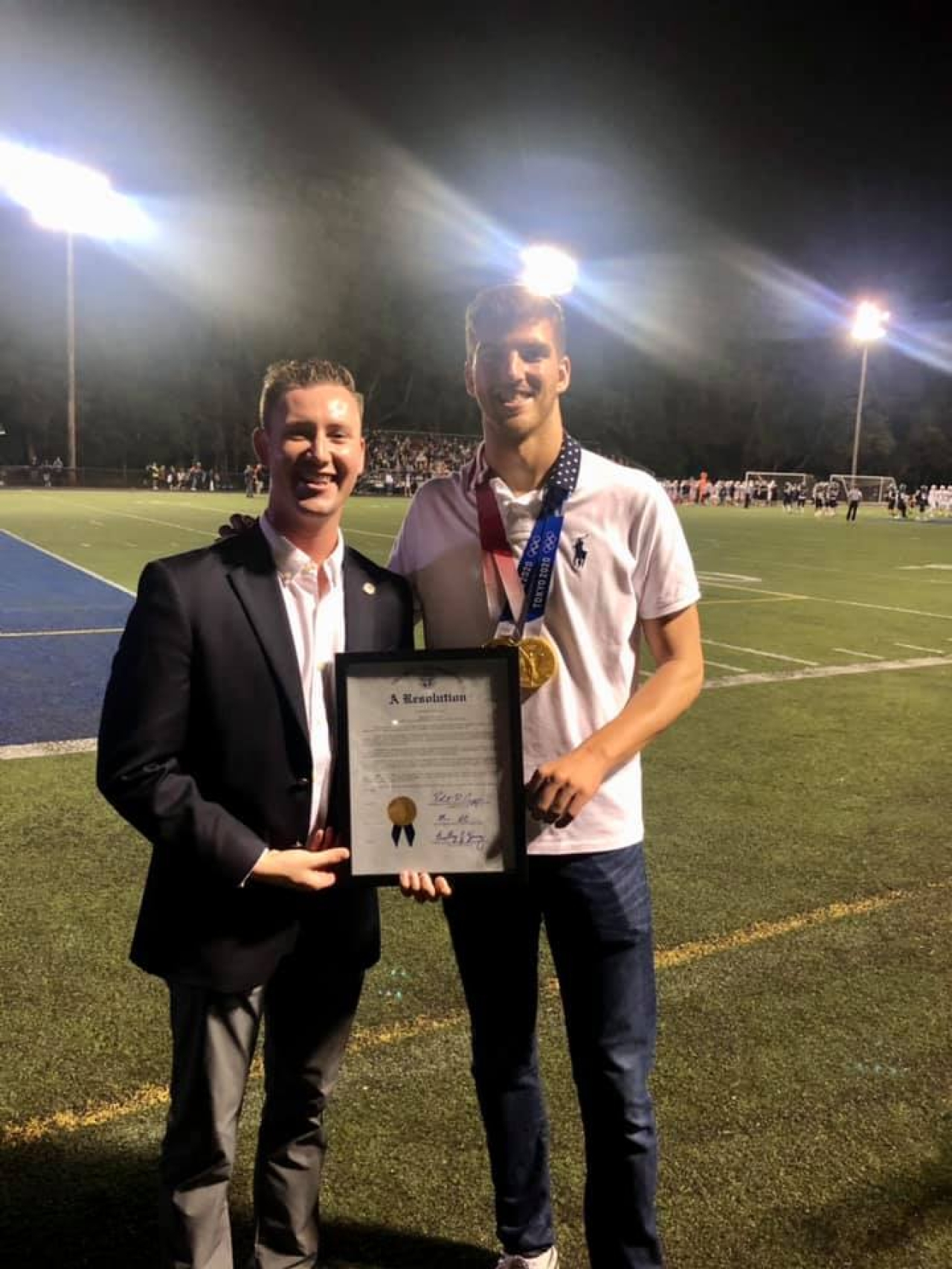 Rep. Hall presented a resolution to Olympic Gold Medalist Zach Apple at the Edgewood vs. Talawanda football game for the Madison Field Turf Dedication.