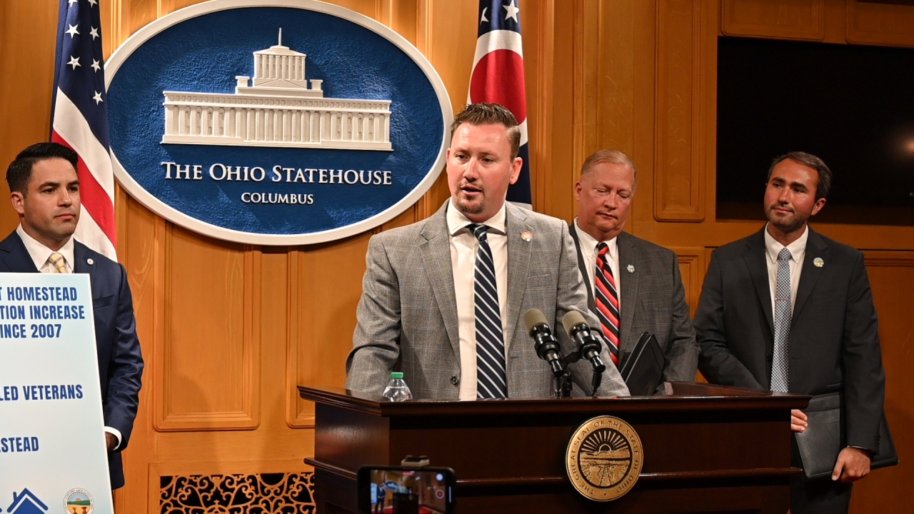 Rep. Hall speaks at a press conference on recent changes to the homestead exemption that will protect Ohio seniors and disabled veterans.