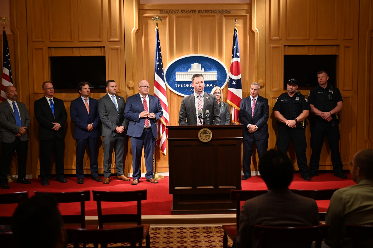 Rep. Hall speaks at a press conference on his legislation to modernize the Ohio Police and Fire Pension Fund.