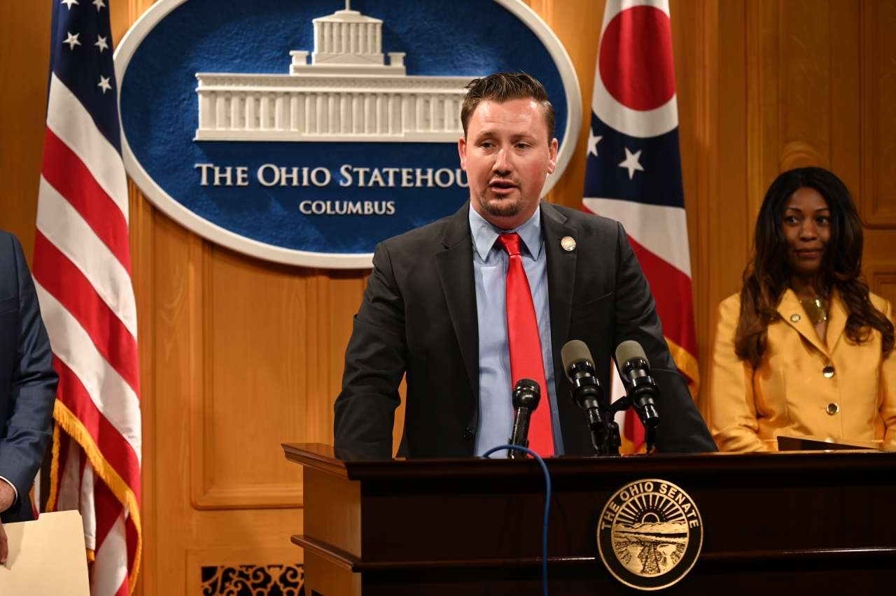 Rep. Hall speaks at a press conference on his bill to establish a closed primary system in Ohio.