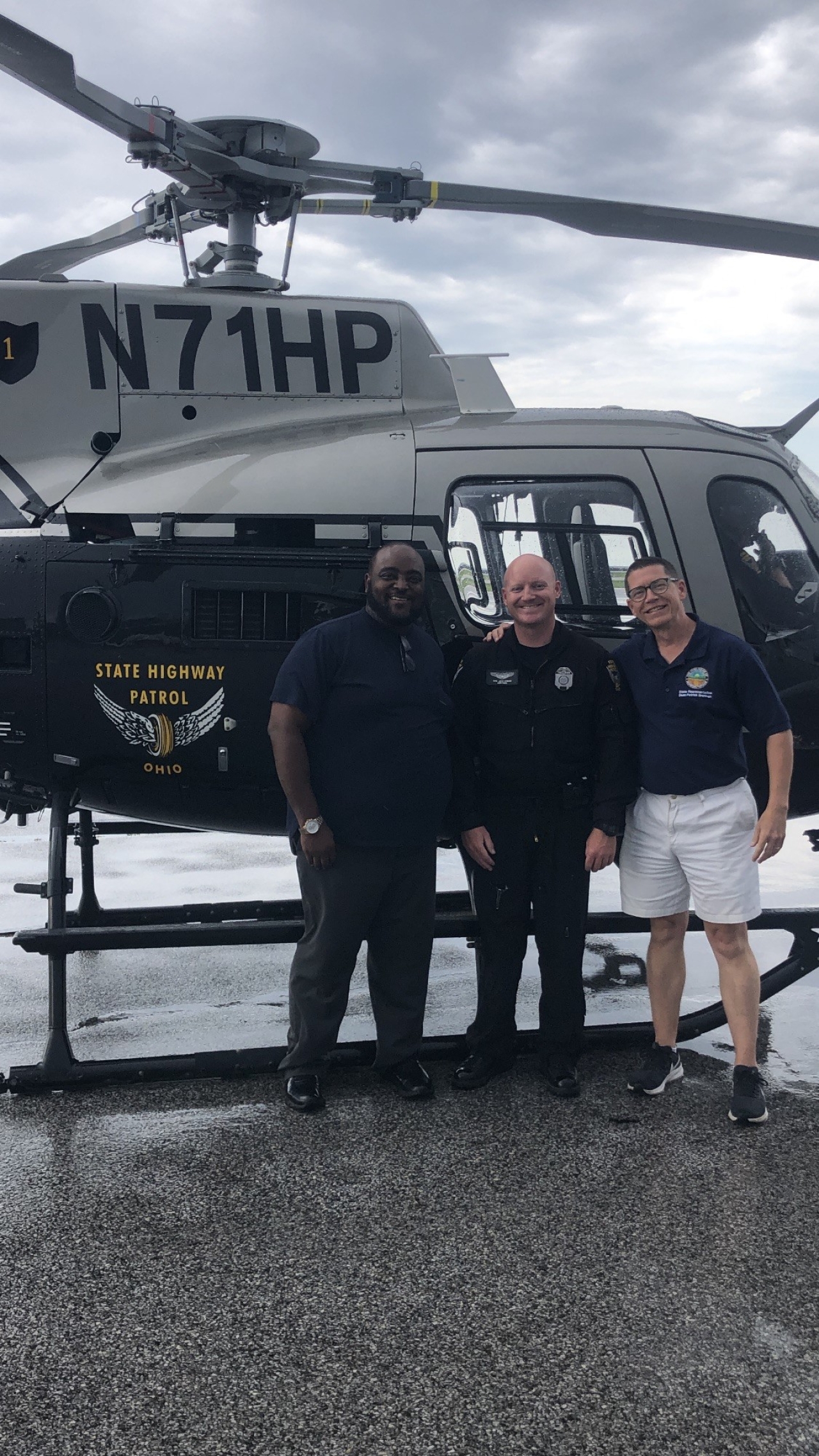 State Representatives Darnell Brewer and Sean Patrick Brennan with Ohio Highway Patrol Trooper Jeff Evans before their 8-hour helicoptor law-enforcement ride along.