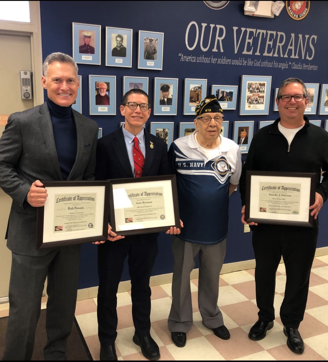 State Rep. Brennan, Parma Mayor Timothy DeGeeter, and WEWS Channel 5 Anchor Rob Powers, being honored by Parma Area Senior Veterans group commander Tony Kessler for their support of our military veter