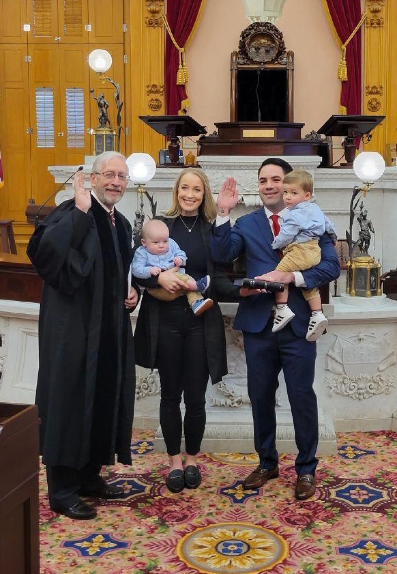 State Representative Demetriou poses for a photo with his family after being sworn in to serve the 35th House District.