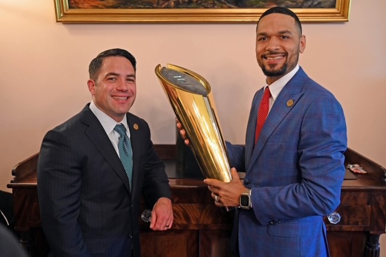 Rep. Williams and Rep. Demetriou celebrating Ohio State Football's National Championship