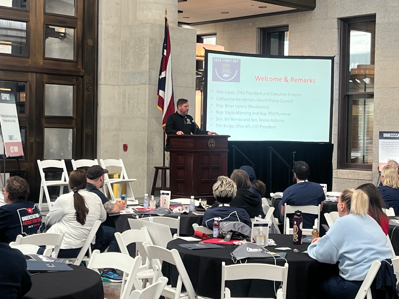 Representative Lorenz speaking in front of Ohio Nurses regarding his work on House Resolution 87 which designated and commemorated Nurses and Health Professionals Week.