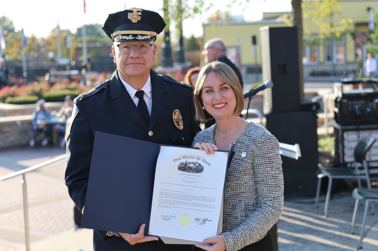 Rep. Lett with Chief Woods at the Rededication of First Responders' Park in Hilliard