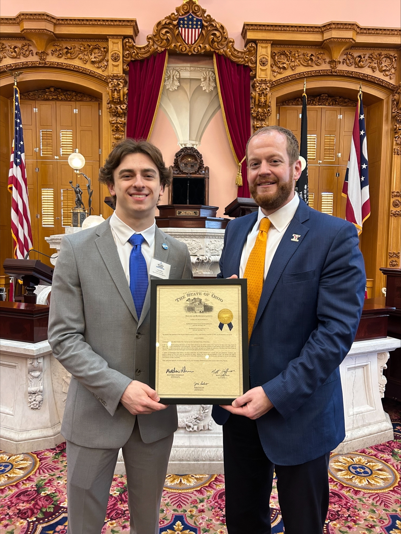Representative Kishman issues a commendation to Lucas Pedro, of Massillon, named the Ohio Alliance of Boys and Girls Clubs Youth of the Year.